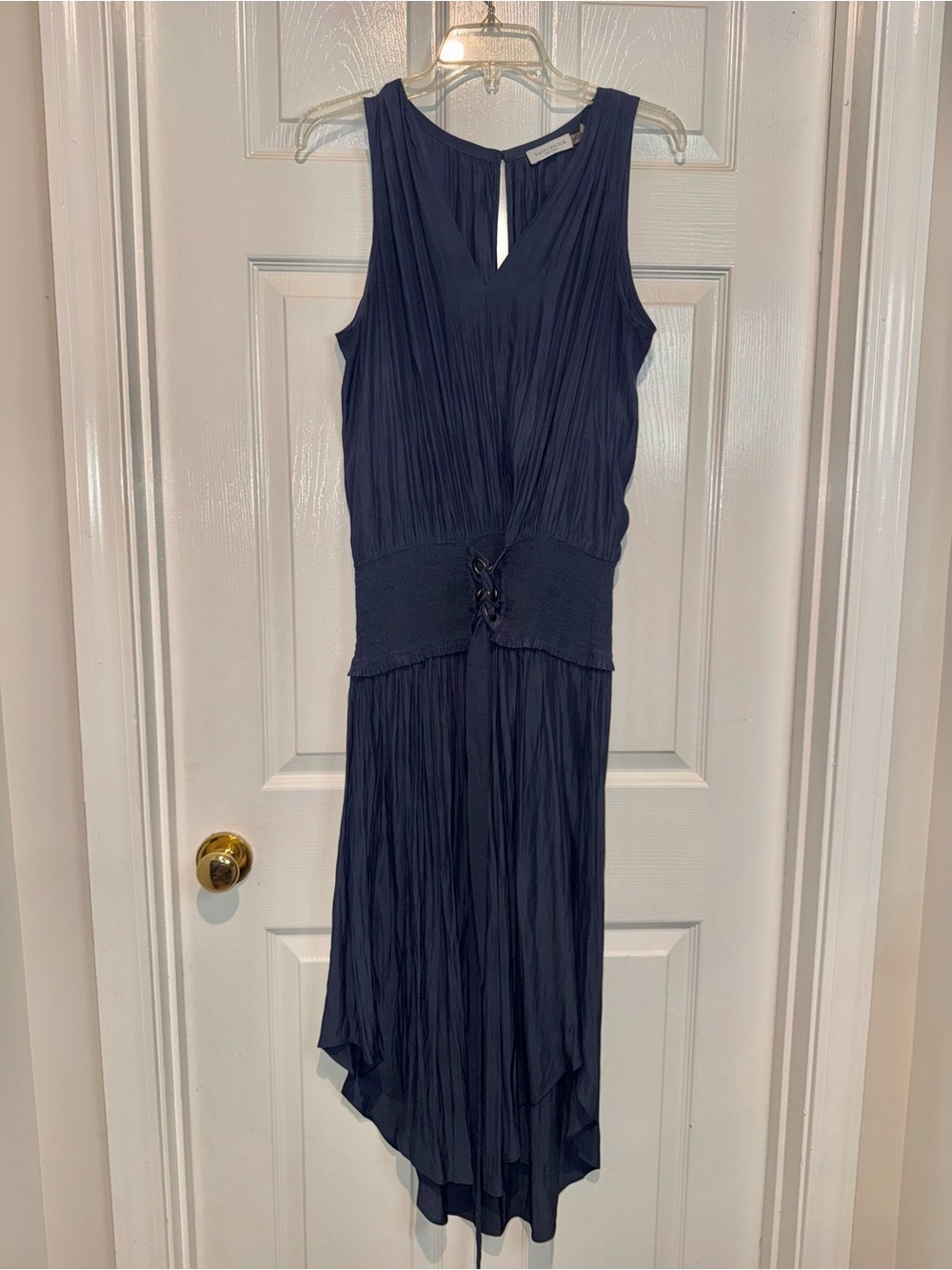 Ramy Brook Navy Sleeveless High-Low Midi Dress with Lace-Up Waist. Size M